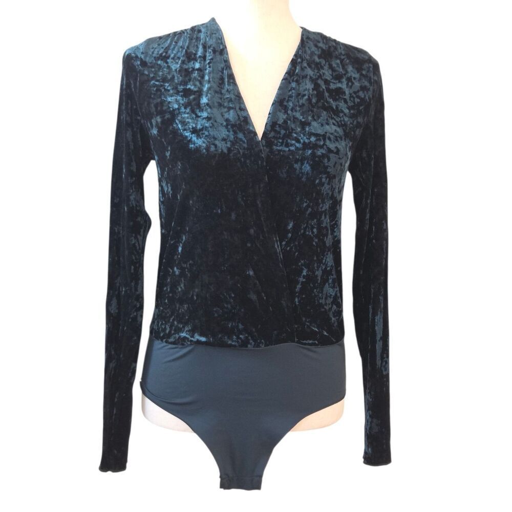 Zara Emerald Green Crushed Velvet Plunging V-Neck Party‎ Bodysuit Size S